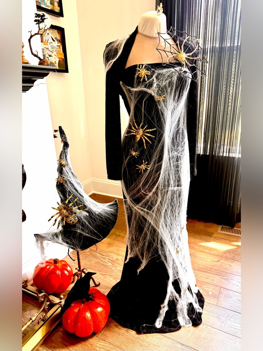 Witch hat & 2 piece dress with gold metallic spiders, and webbing size 10 you to
